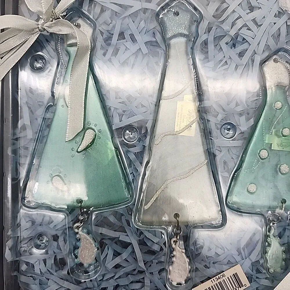 Ornament Enesco Clear Christmas Tree With Dangling Snowscapes Glass Set Of 3 NEW